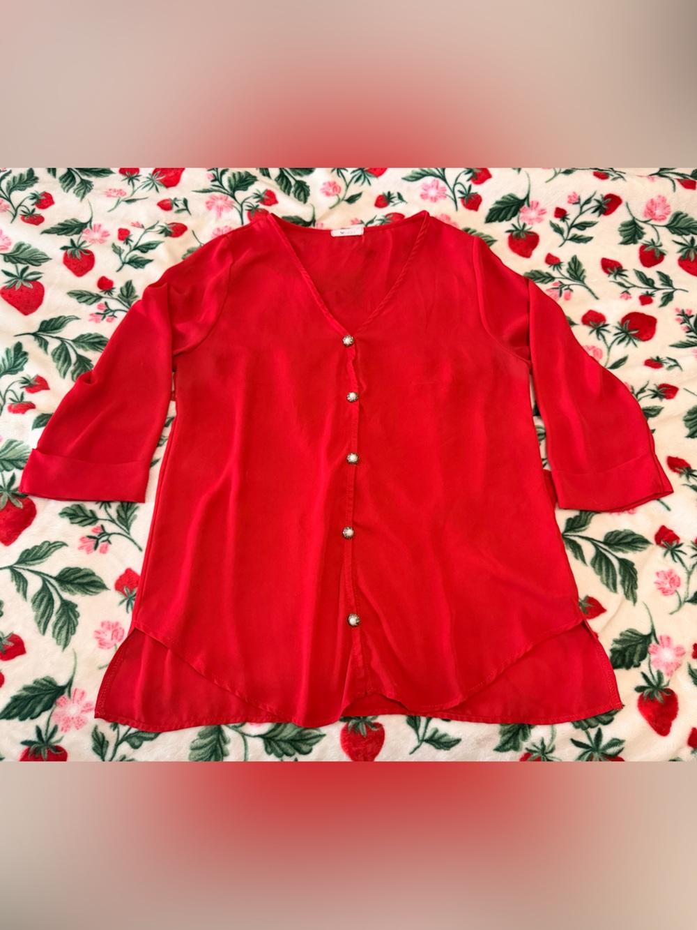 Everly Red Button-Front V-Neck Blouse